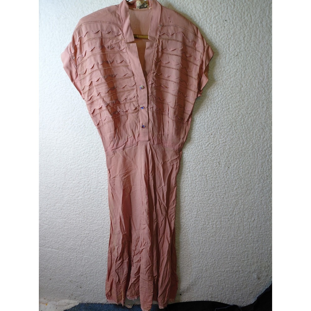 Vintage 1940s Mademoiselle Pink Rayon Crepe Ruffle Dress Scalloped Detail 40s